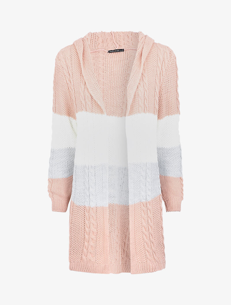 Cardigan à capuche en maille tricot - Rose/blanc/gris - 1