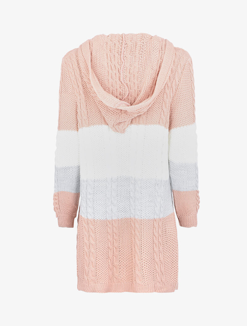 Cardigan à capuche en maille tricot - Rose/blanc/gris - 2