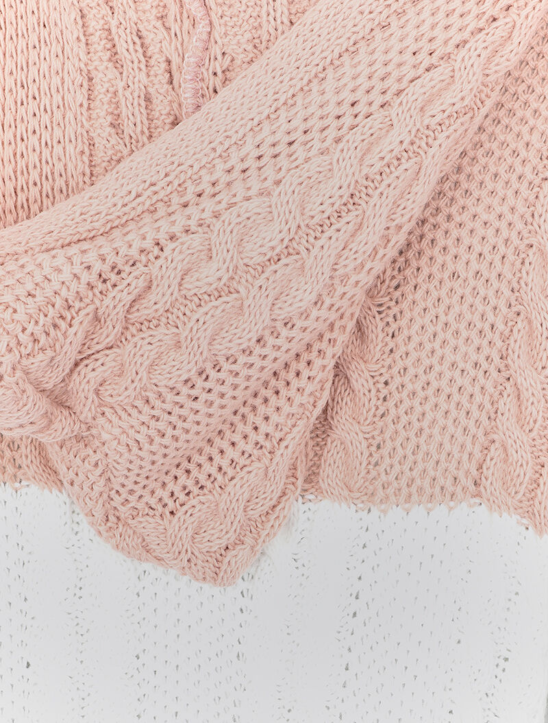 Cardigan à capuche en maille tricot - Rose/blanc/gris - 3