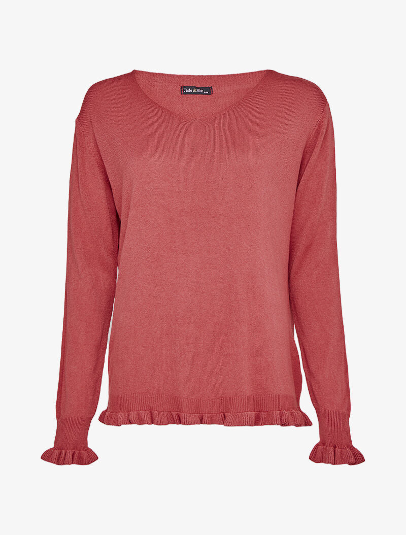 Pull à manches et bords volantés - Rose foncé - 1