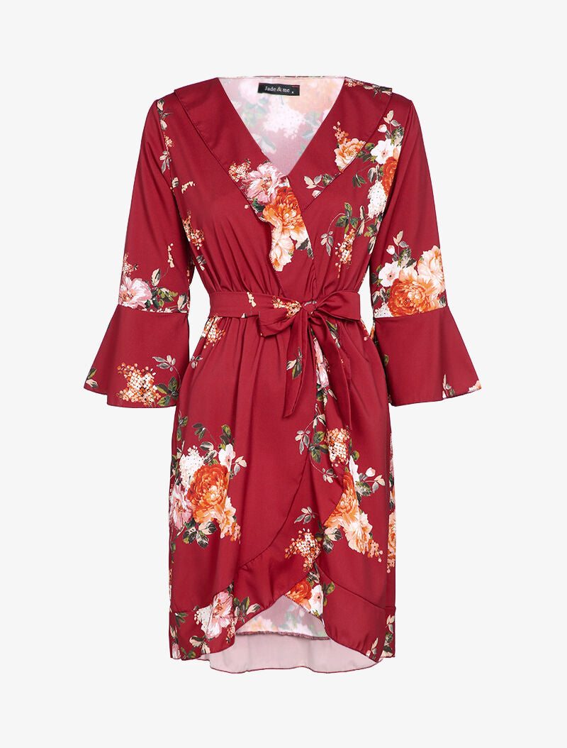 Robe patineuse imprimé à col V - Bordeaux - 1