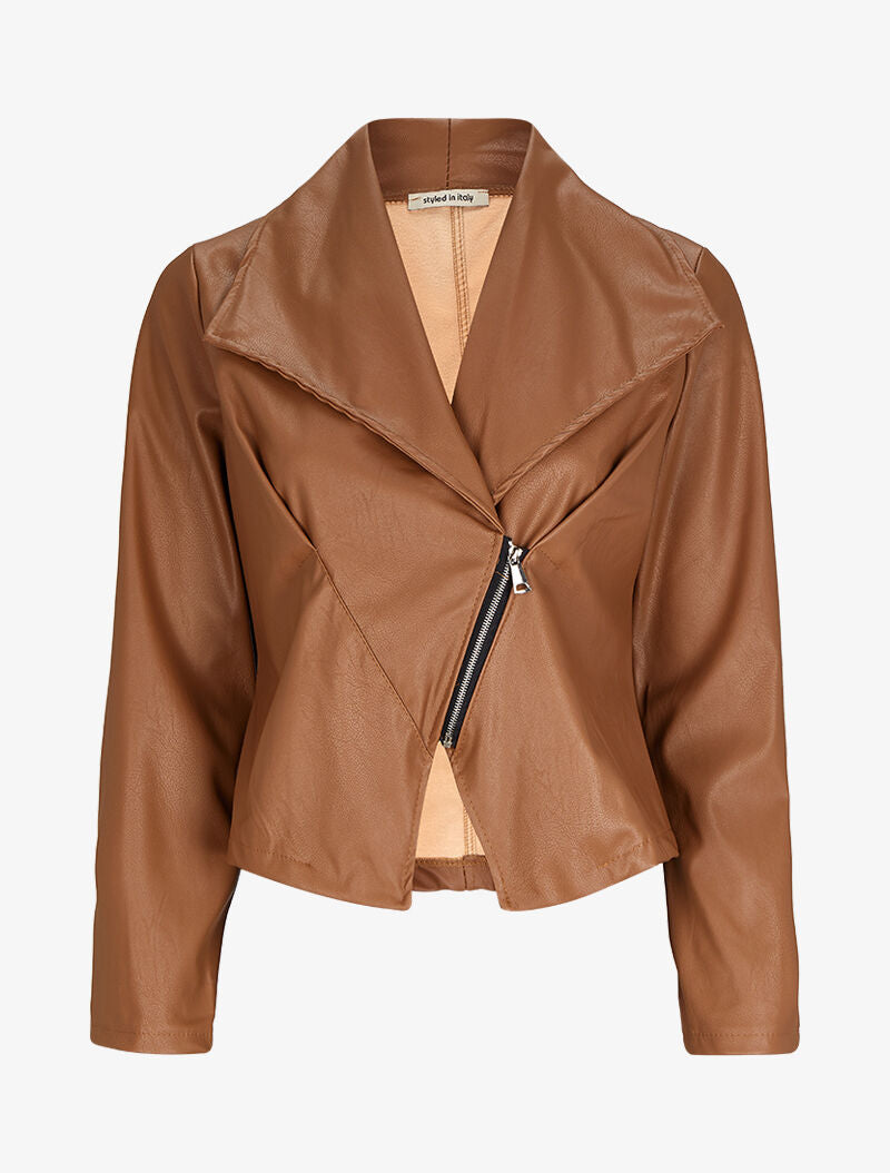 Veste style perfecto en simili à col large - Camel - 1