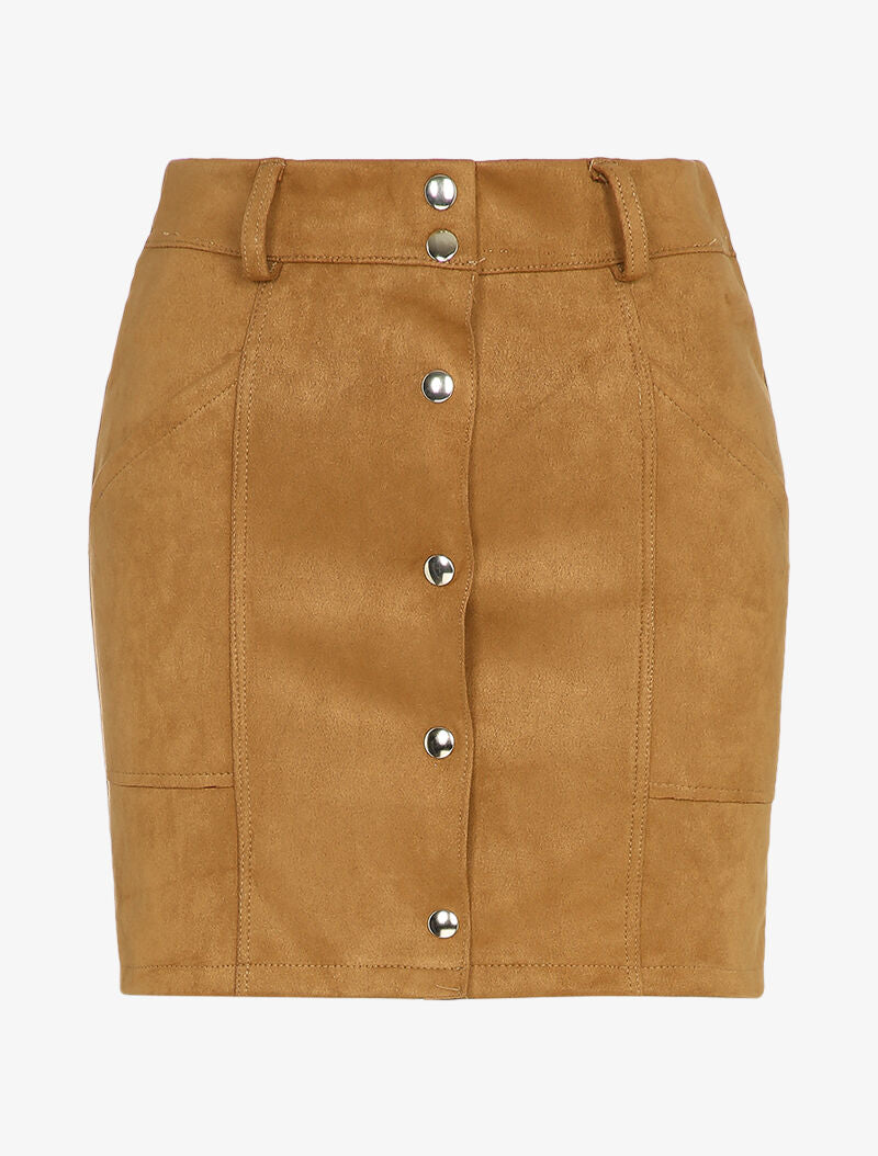 Jupe en suédine boutonnée à taille élastiquée - Camel - 4