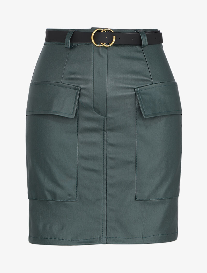 Mini jupe enduit à poches plaquées - Vert - 1