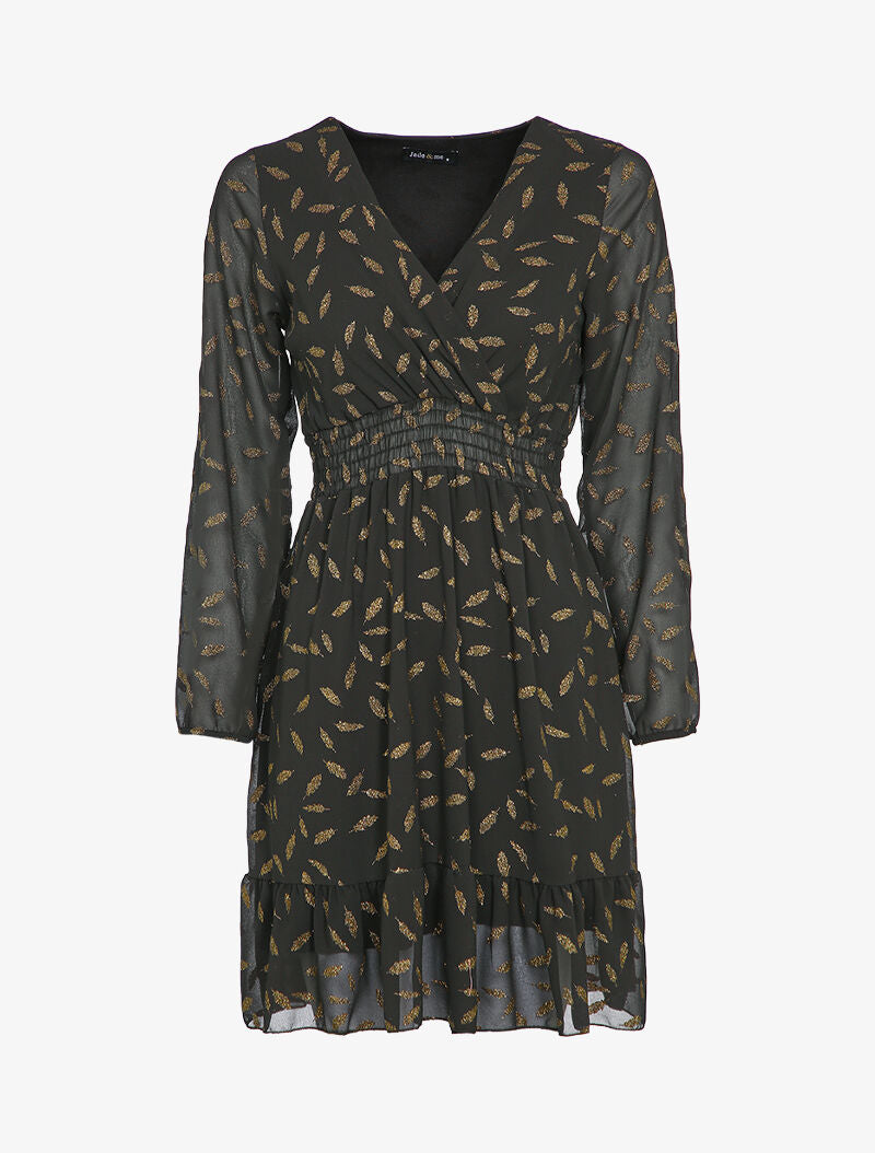 Robe imprimée plumes irisées et col cache-coeur - Noir - 2