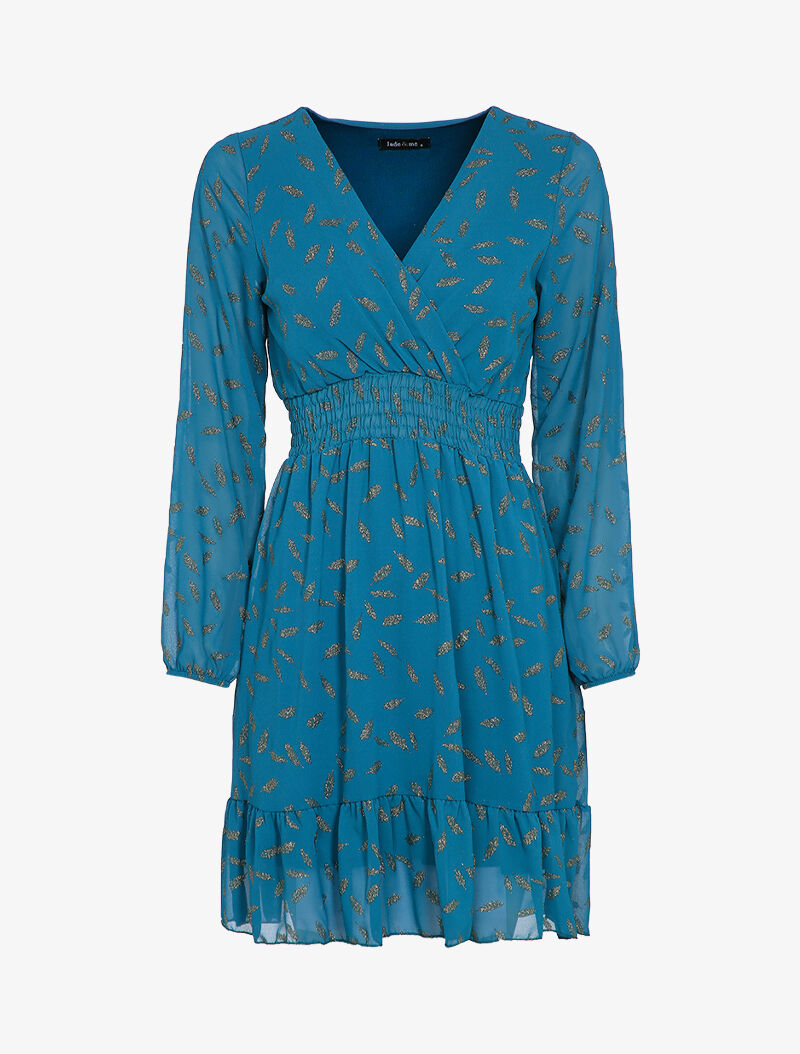 Robe imprimée plumes irisées et col cache-coeur - Bleu canard - 4