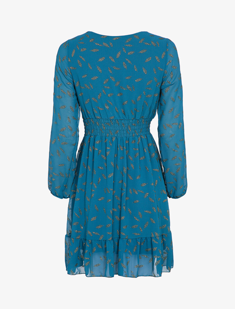 Robe imprimée plumes irisées et col cache-coeur - Bleu canard - 2