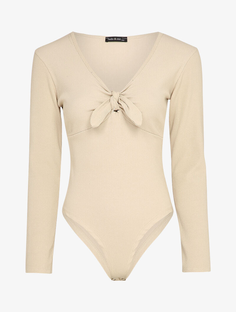 Body côtelé à col à détail noeud - Beige - 1