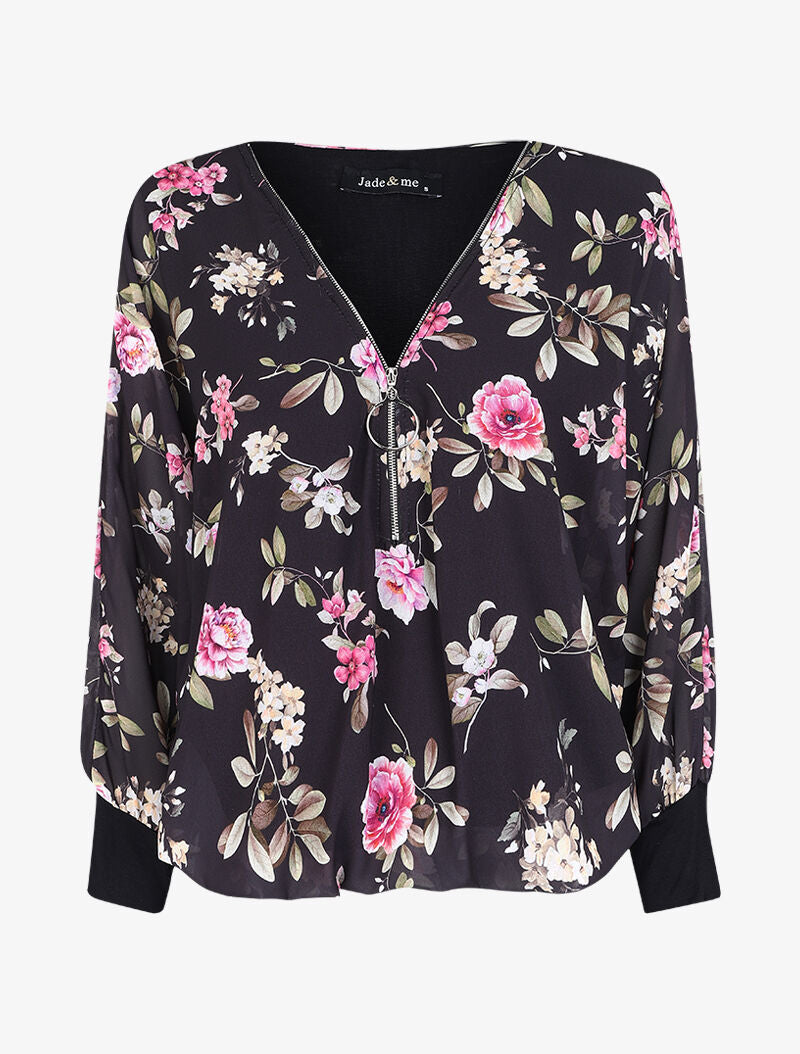 Top imprimé floral à fermeture stylisée - Noir - 4