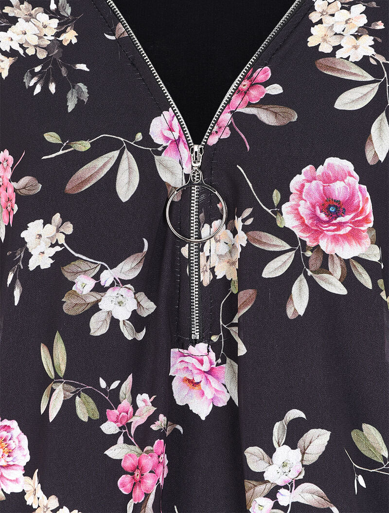 Top imprimé floral à fermeture stylisée - Noir - 3