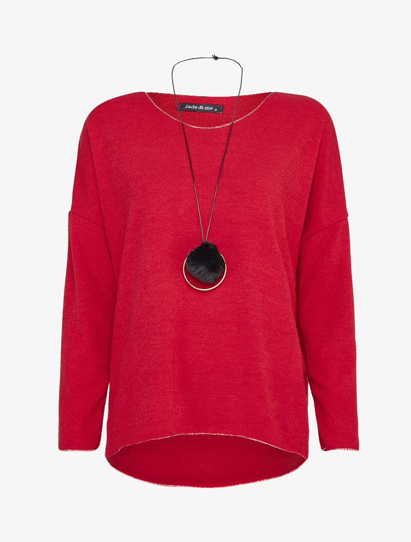 Pull oversize à liserés irisés avec sautoir - Rouge - 1
