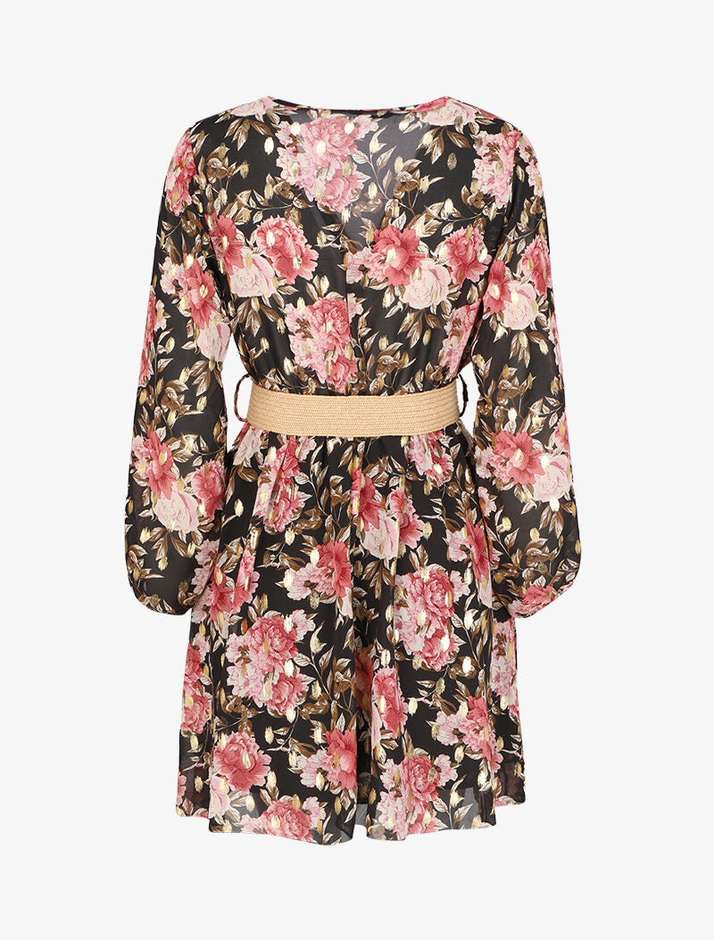 Robe patineuse cache-cœur à imprimé roses - Noir - 2