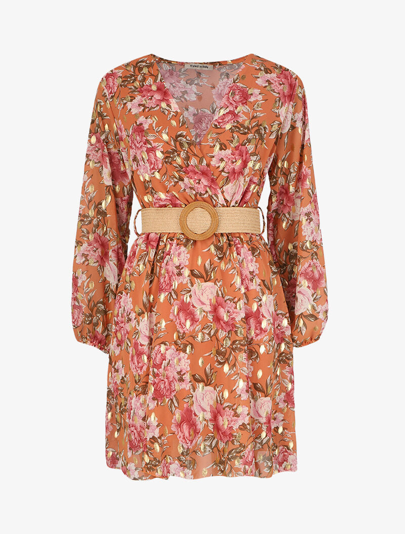 Robe patineuse cache-cœur à imprimé roses - Orange - 1