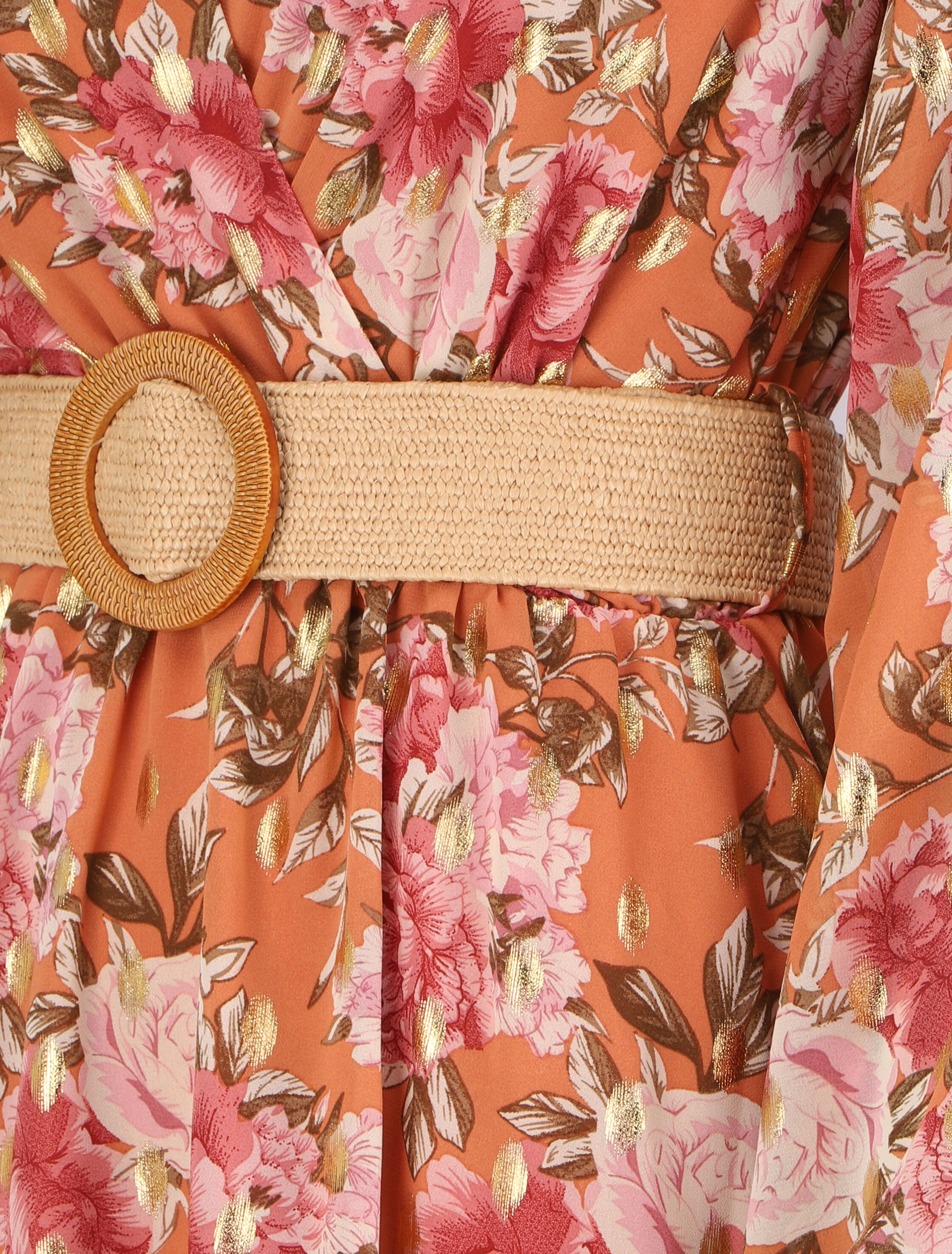 Robe patineuse cache-cœur à imprimé roses - Orange - 3
