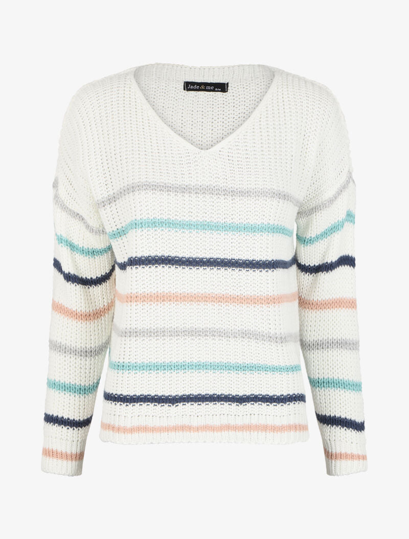 Pull à rayures colorées et col V - Blanc - 1