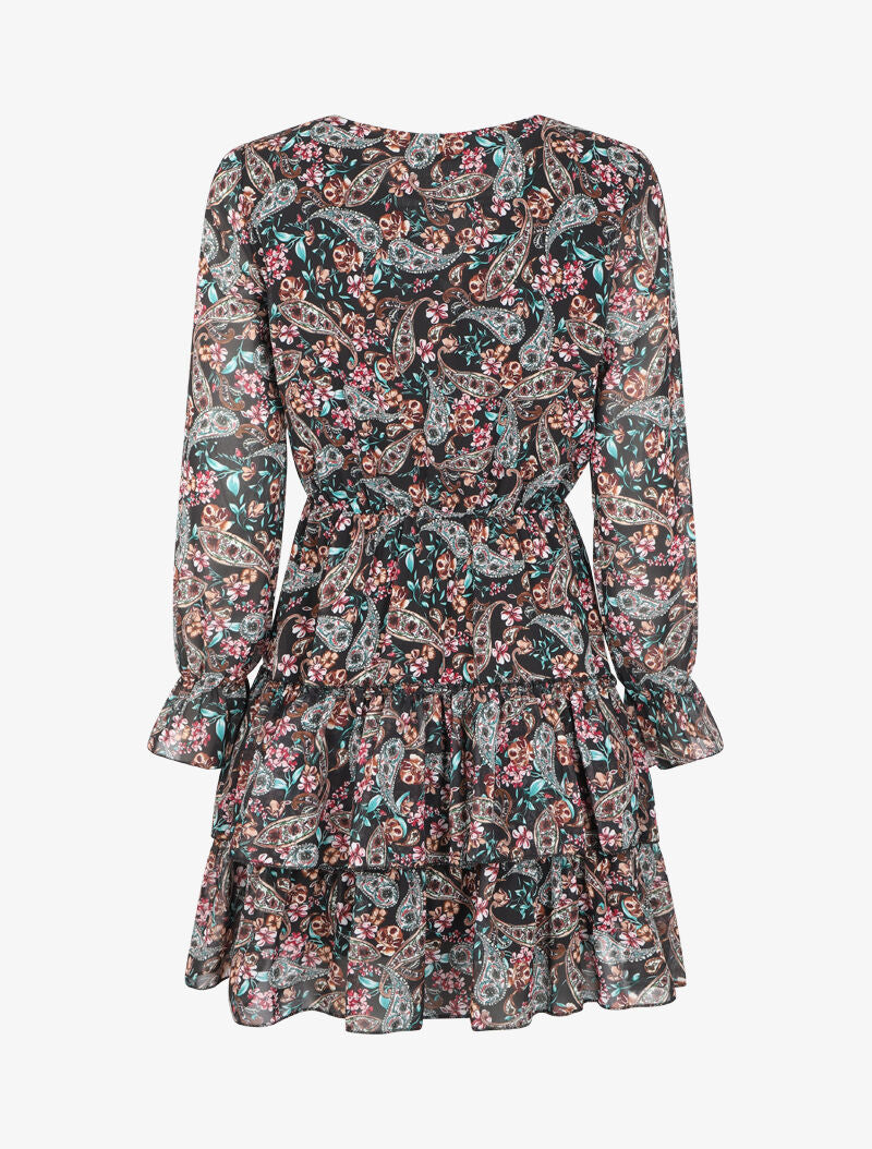 Robe volantée à col à lacets et imprimé cachemire fleuri - Noir - 2