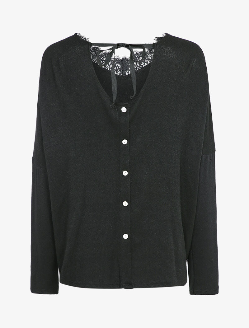 Pull fin oversize à empiècement dentelle - Noir - 2