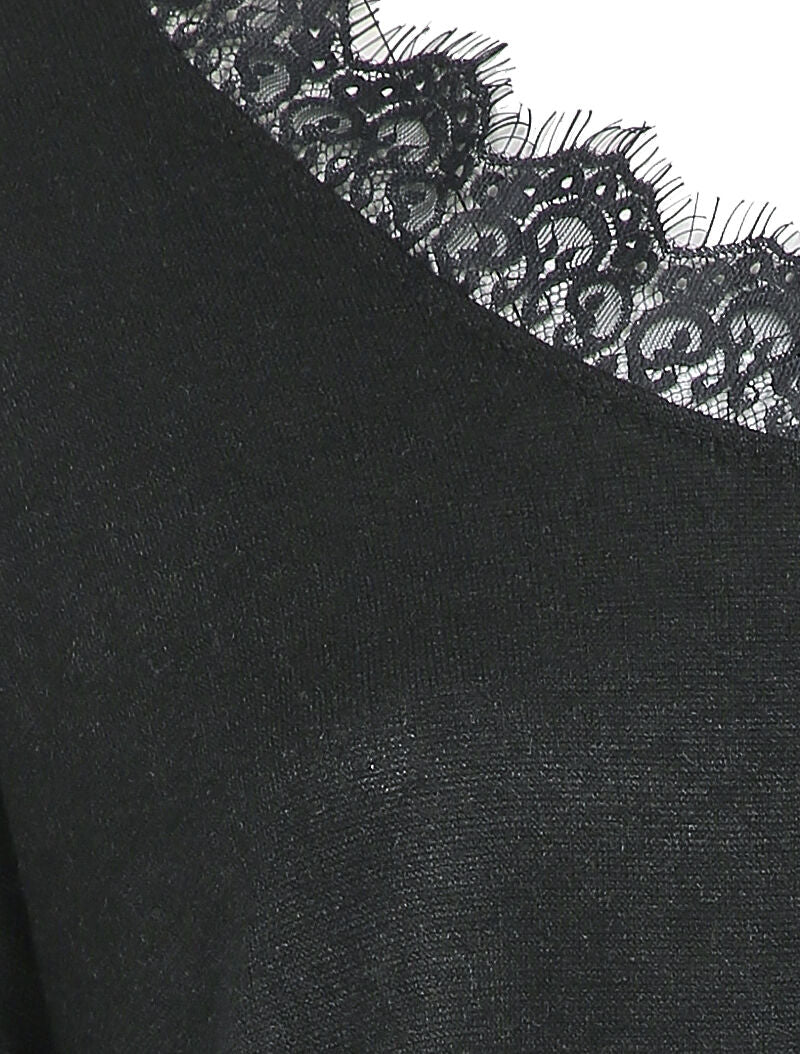 Pull fin oversize à empiècement dentelle - Noir - 3