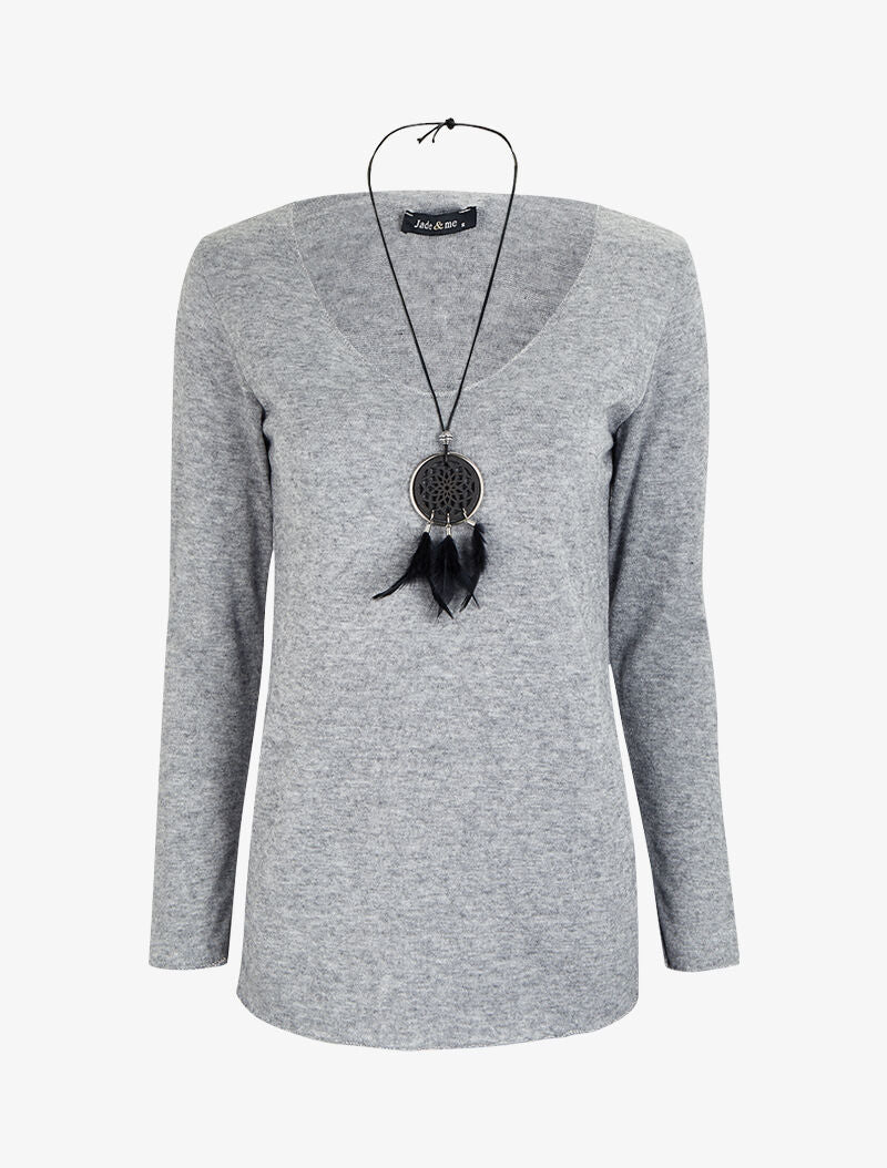 Top à bords irisés avec sautoir - Gris chiné - 1