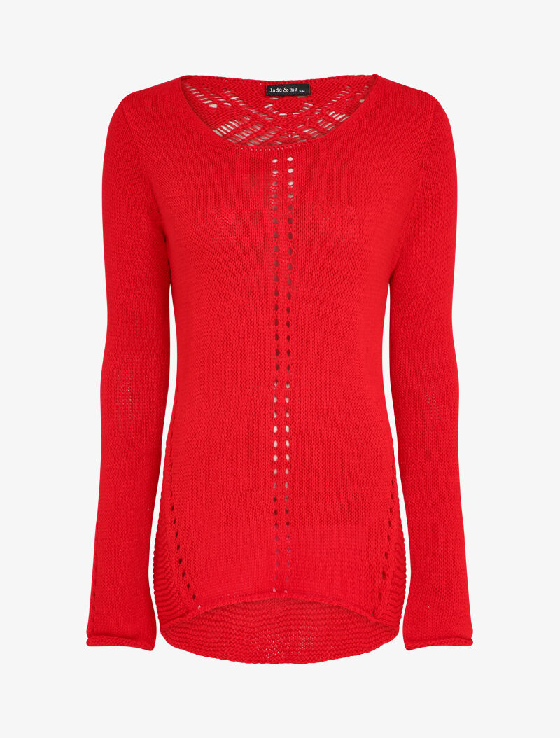 Pull à dos long ajouré et stylisé - Rouge - 1