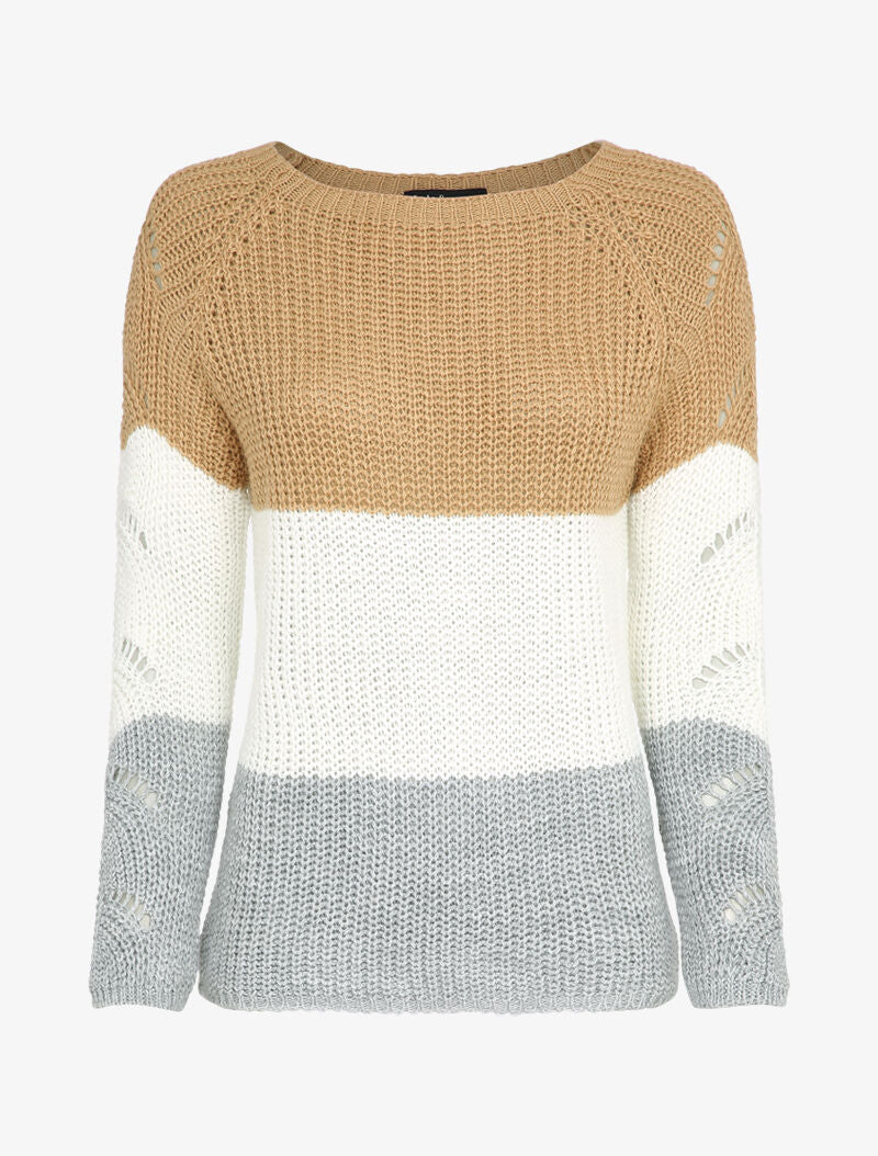 Pull long color block en maille - Camel - 4