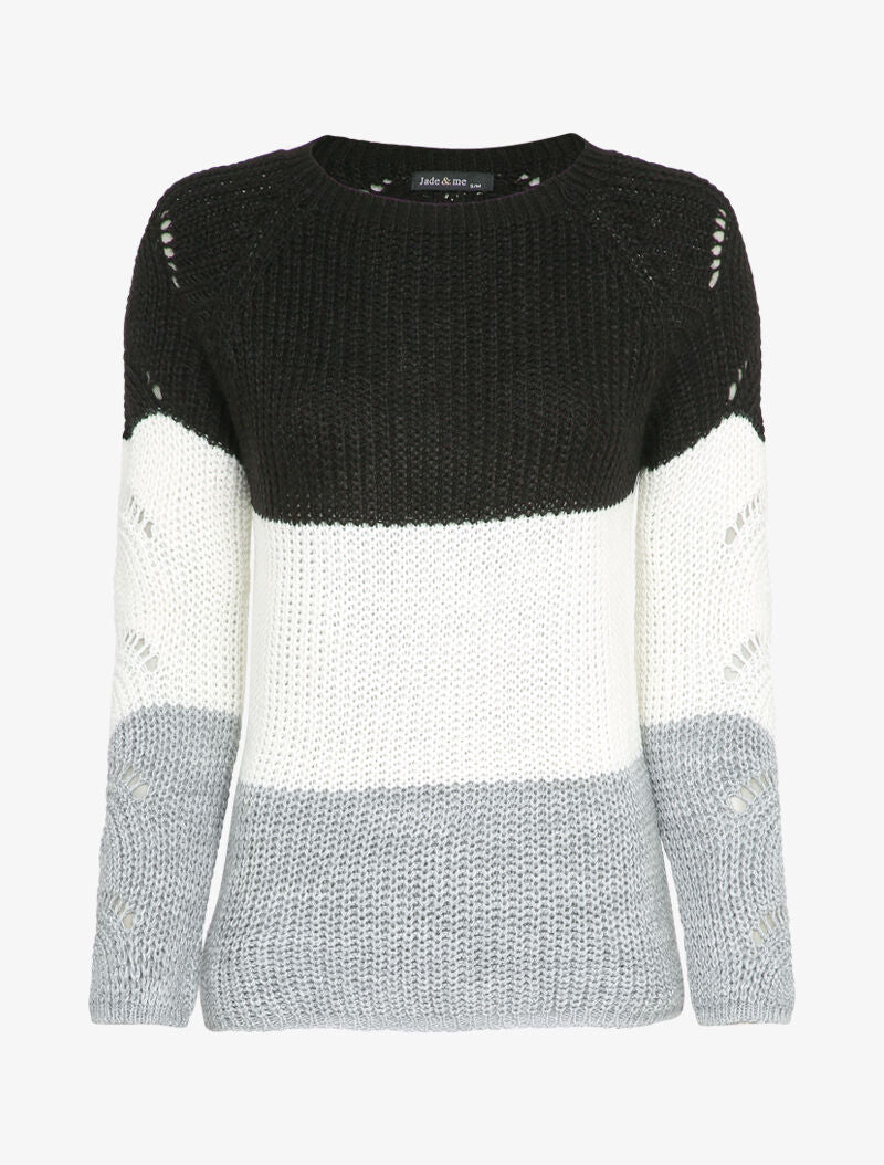 Pull long color block en maille - Noir - 1