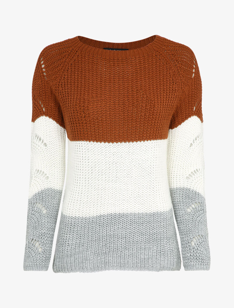 Pull long color block en maille - Marron - 1