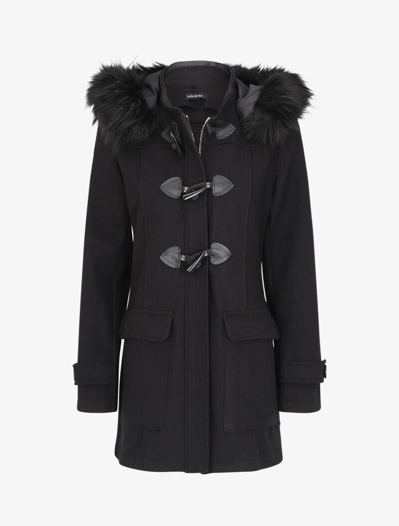 Duffle coat à capuche en fausse fourrure - Noir - 1