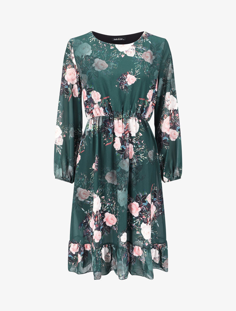 Robe à bords volantés et imprimé bouquet de roses - Vert sapin - 4