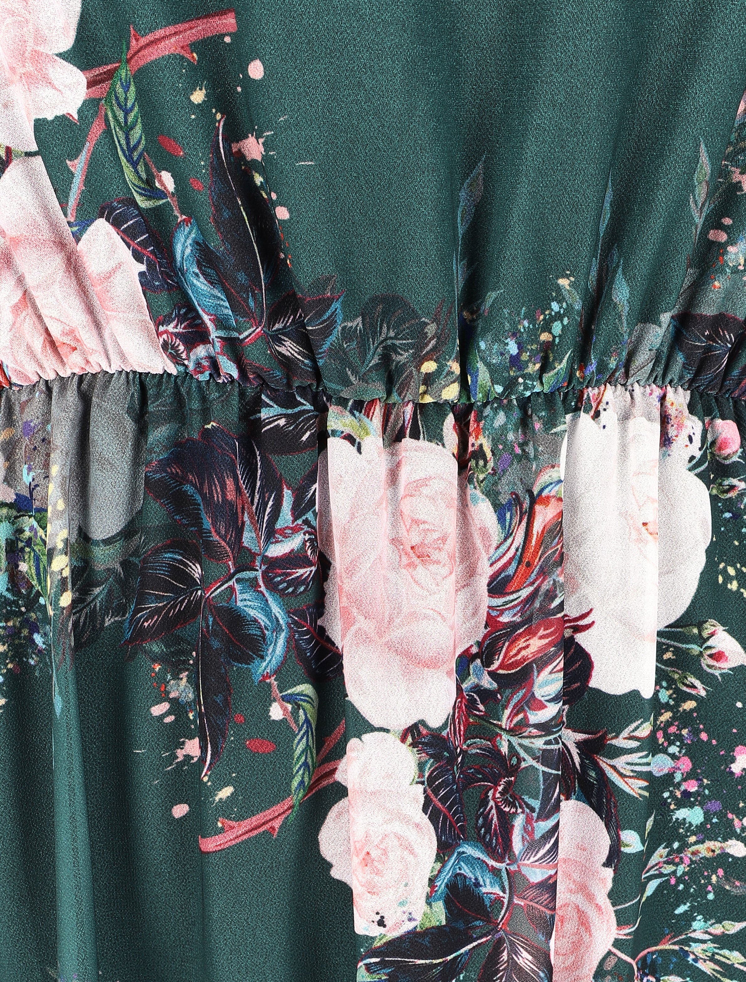 Robe à bords volantés et imprimé bouquet de roses - Vert sapin - 3