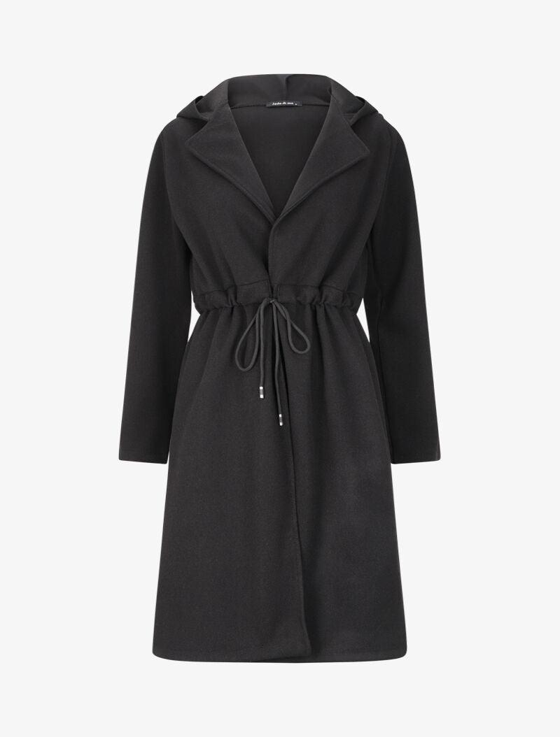 Manteau long à liens de serrage et capuche - Noir - 4