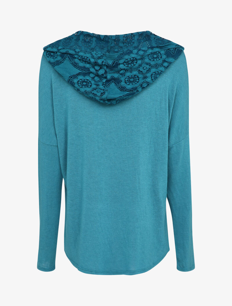Pull fin à capuche et rabat décoratif en dentelle - Turquoise - 2