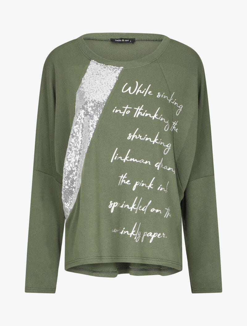 Sweat à message et sequins - Kaki - 1