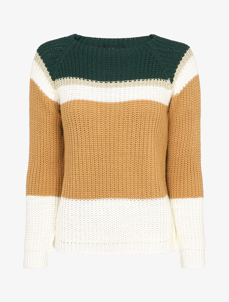 Pull à manches raglan et motifs rayés - Vert sapin/camel - 1