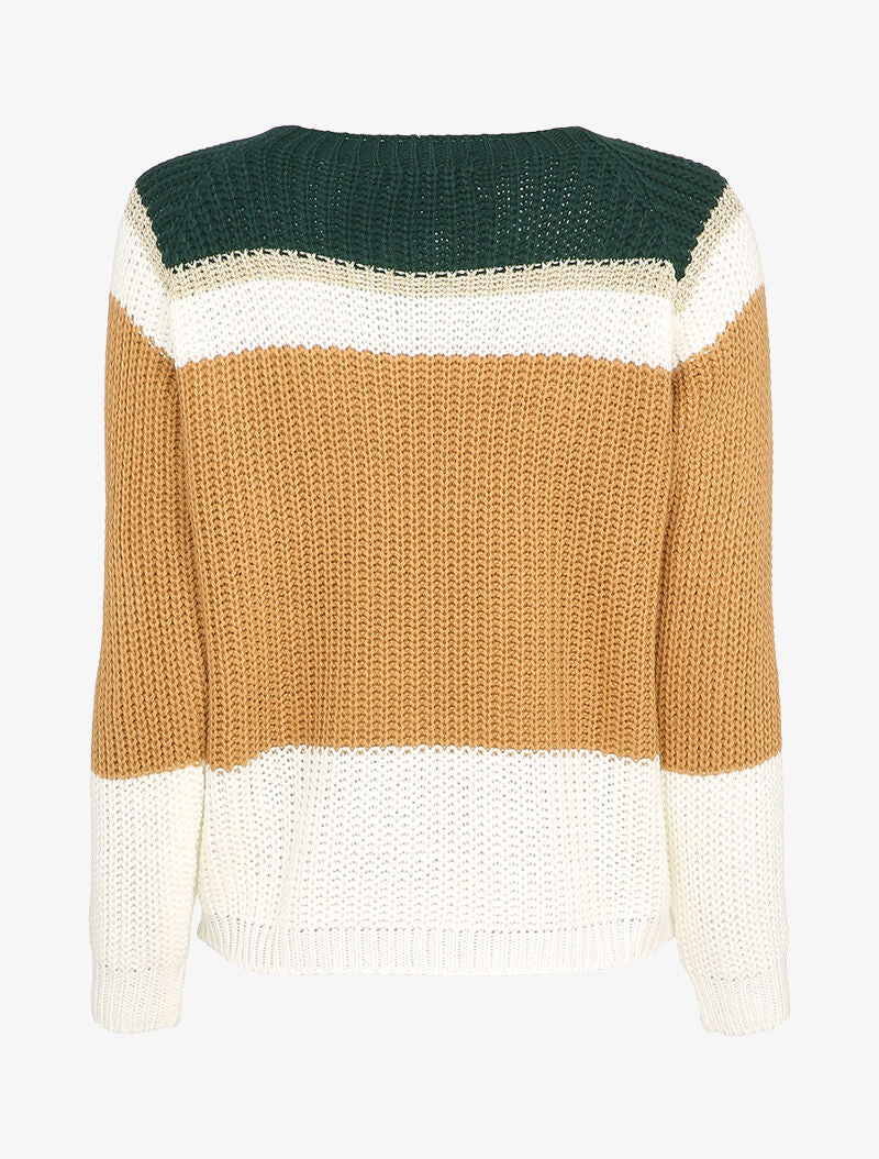 Pull à manches raglan et motifs rayés - Vert sapin/camel - 2