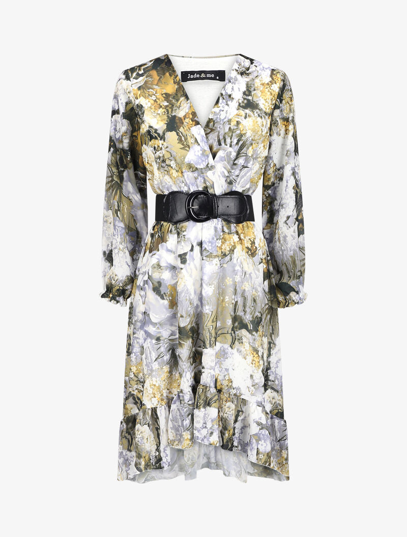 Robe cache-coeur volantée à imprimé fleuri - Blanc - 1