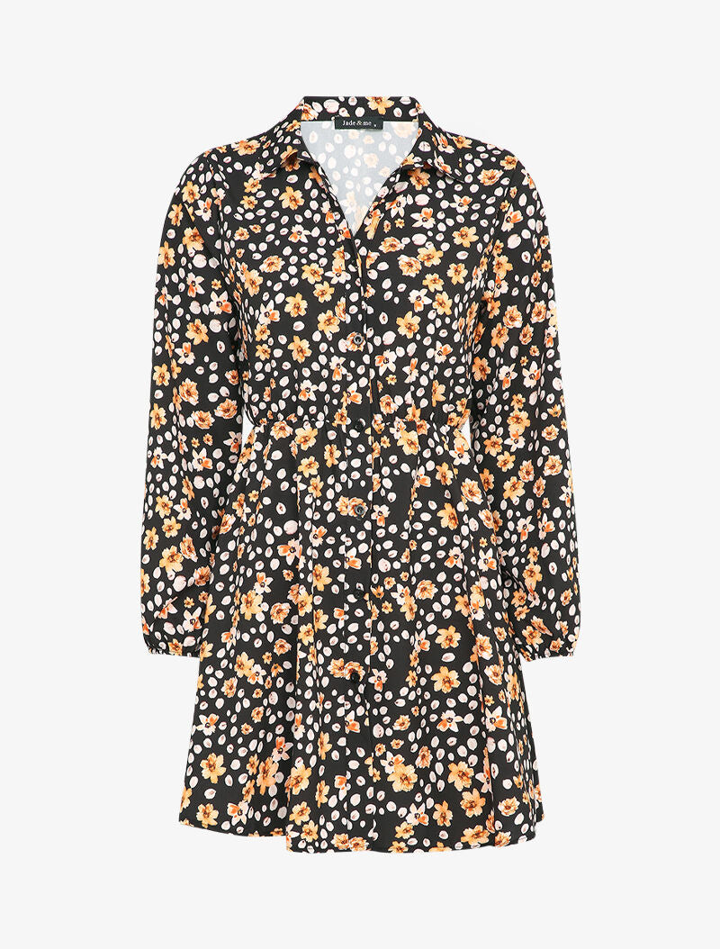 Robe chemise patineuse imprimé fleuri - Noir - 4