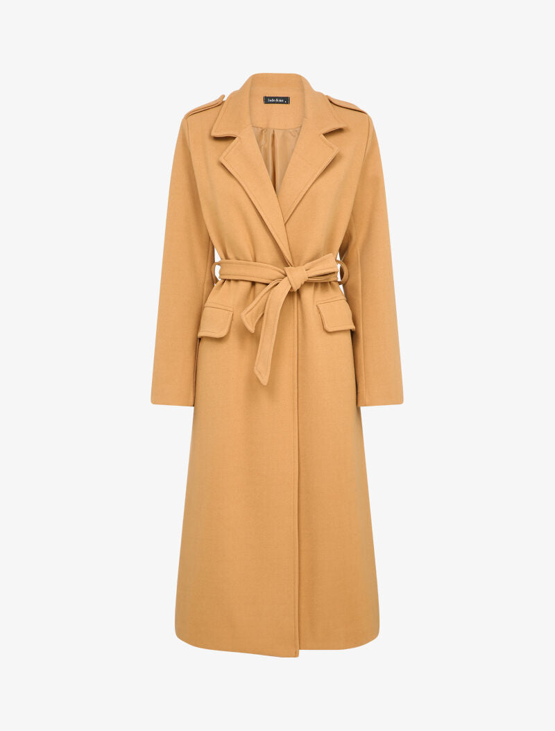 Manteau long uni avec ceinture - Camel - 1