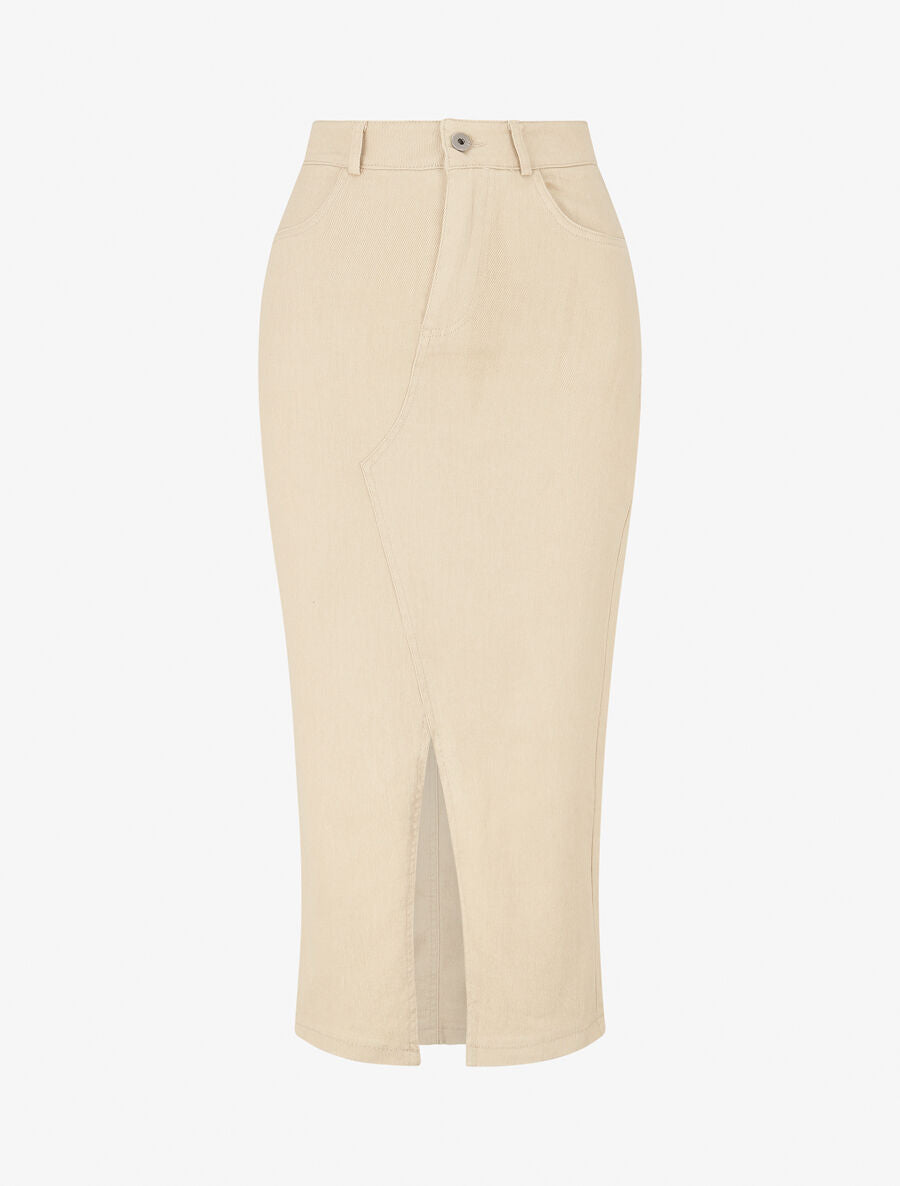 Jupe fourreau uni en jean - Beige - 1