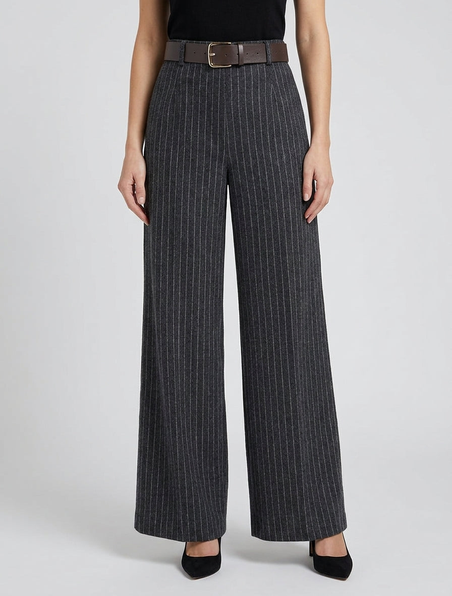 Pantalon ample taille haute à rayures - Noir
