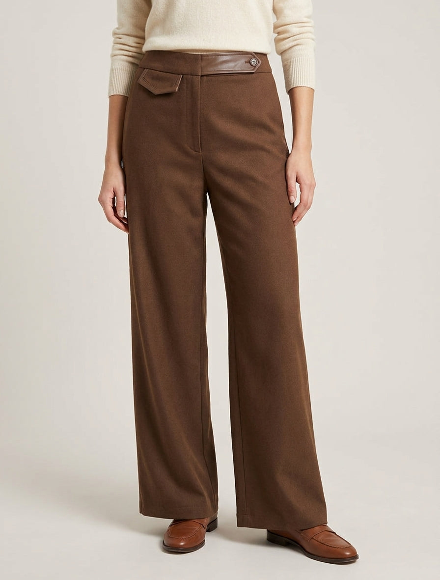 Hoge taille wijde broek met imitatiedetail - Bruin