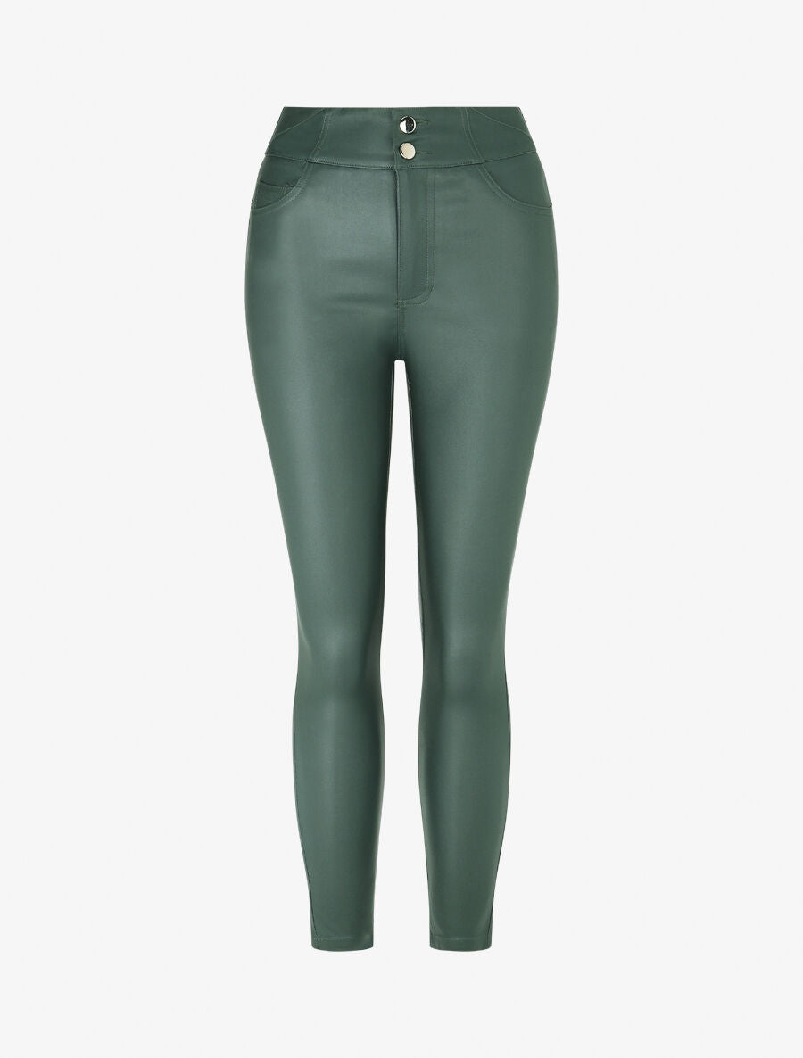 Pantalon uni en simili à 2 boutons - Vert sapin - 1