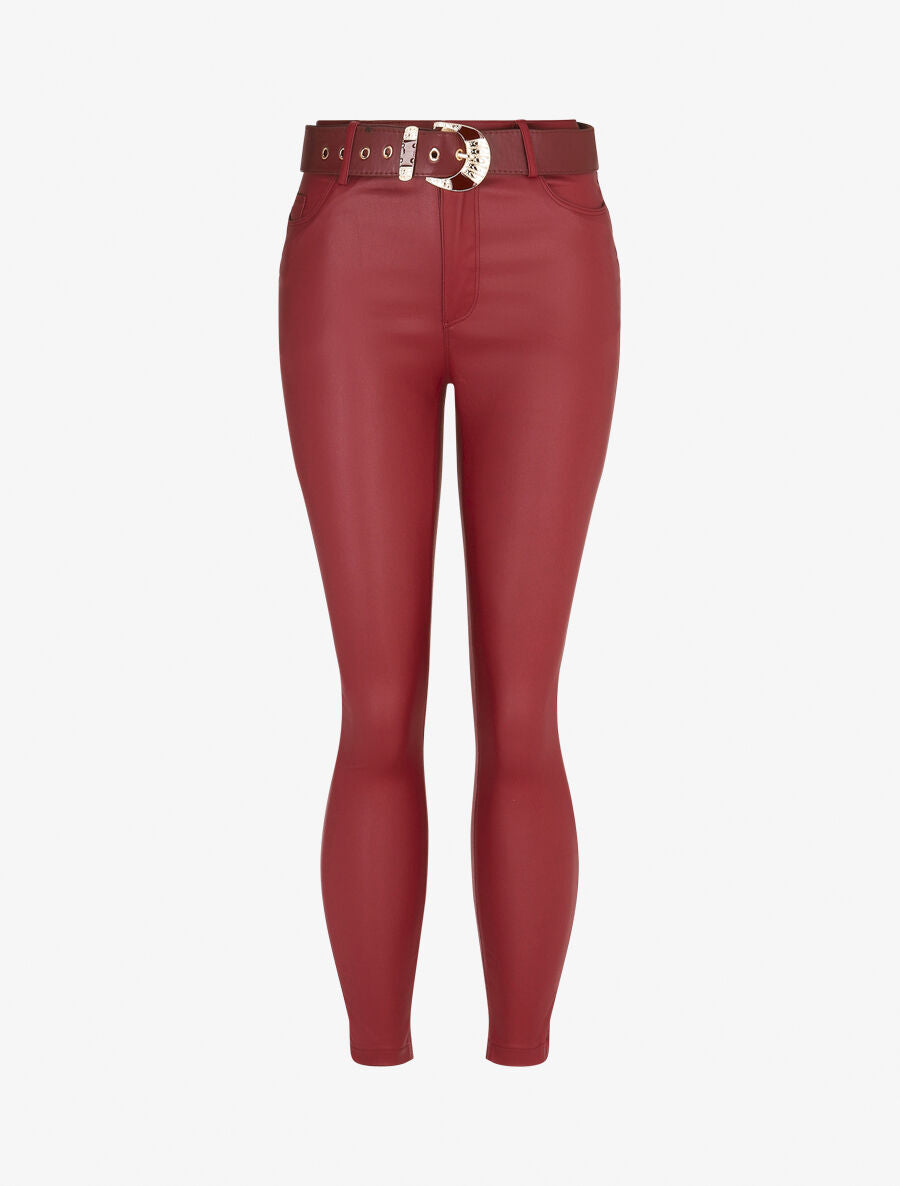 Pantalon uni en simili ceinturé - Bordeaux - 1