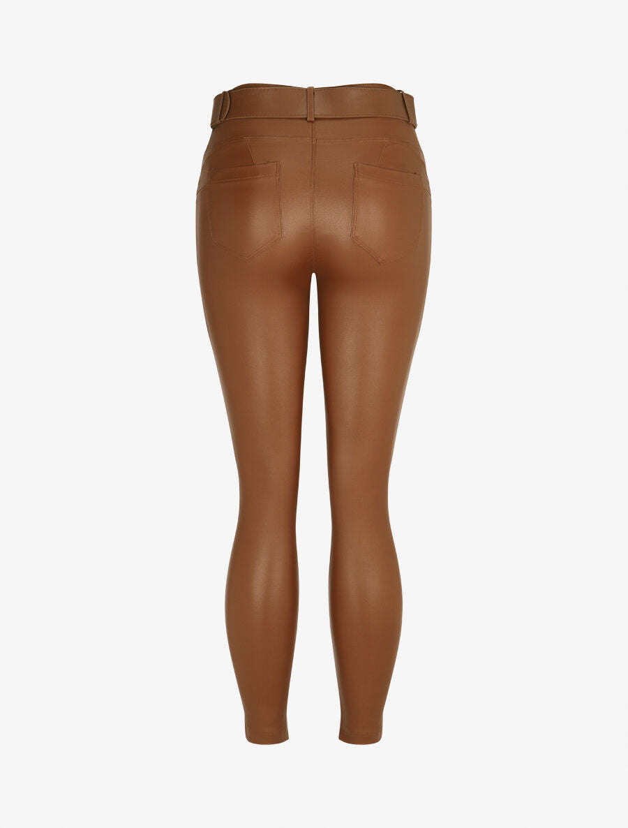 Pantalon uni en simili ceinturé - Camel - 2