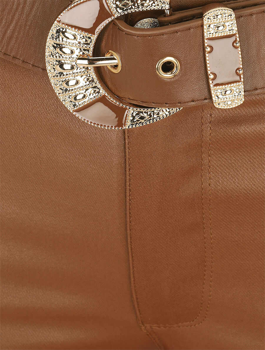 Pantalon uni en simili ceinturé - Camel - 3