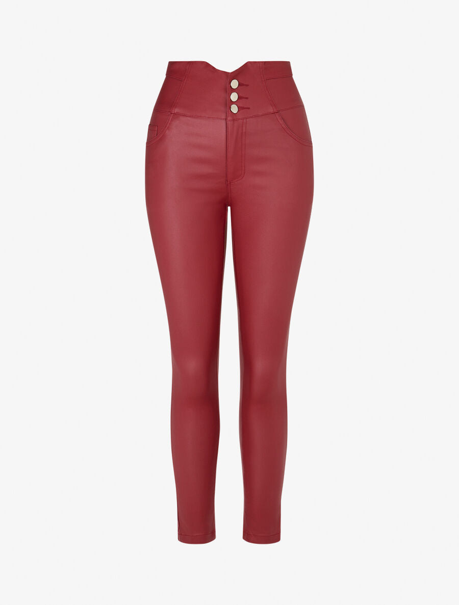 Pantalon uni en simili à 3 boutons - Bordeaux - 1