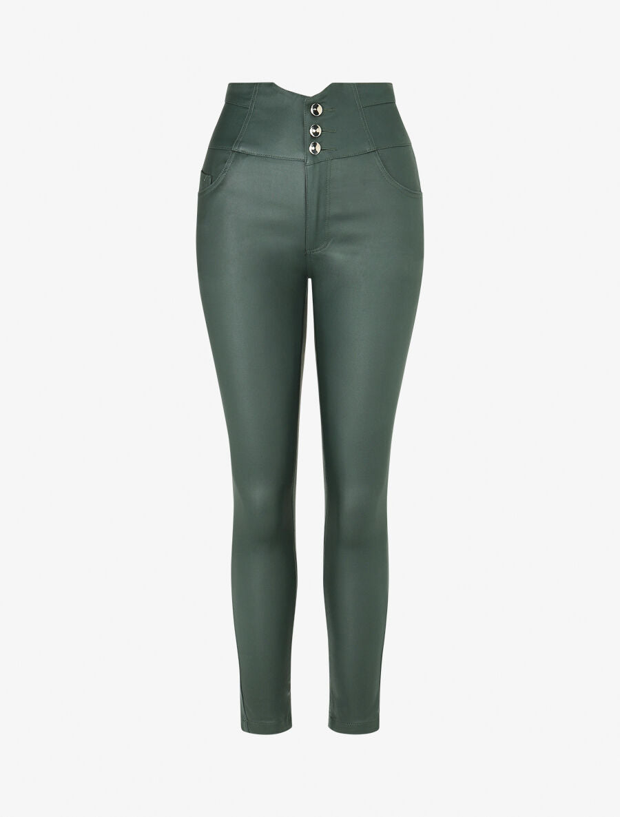 Pantalon uni en simili à 3 boutons - Vert sapin - 5