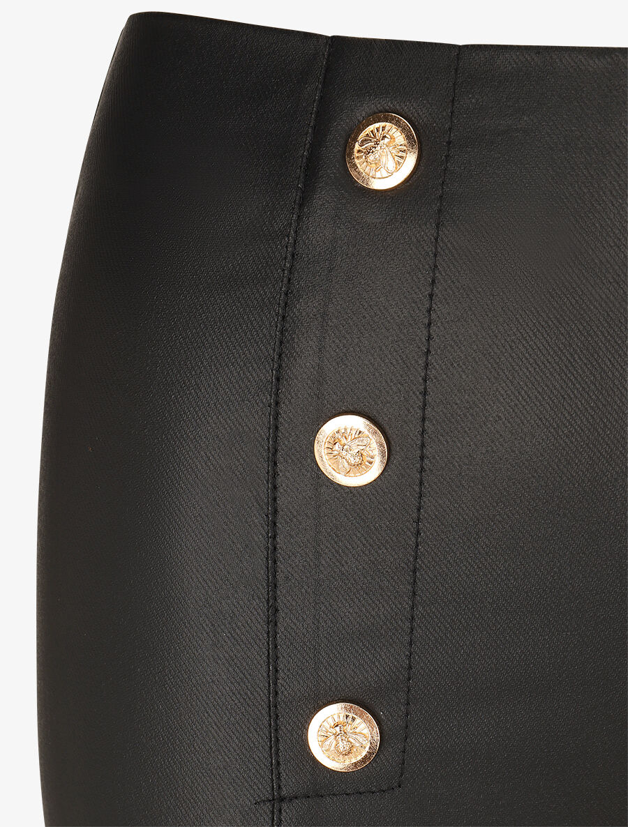 Pantalon uni en simili à boutons décoratifs - Noir - 3