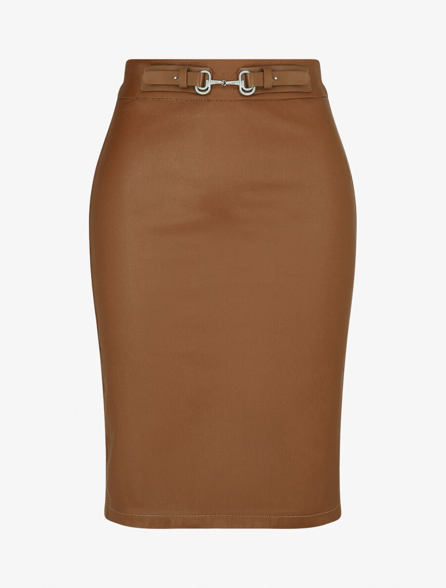 Jupe droite fendue en simili - Camel - 5