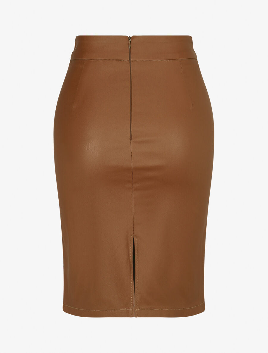 Jupe droite fendue en simili - Camel - 2